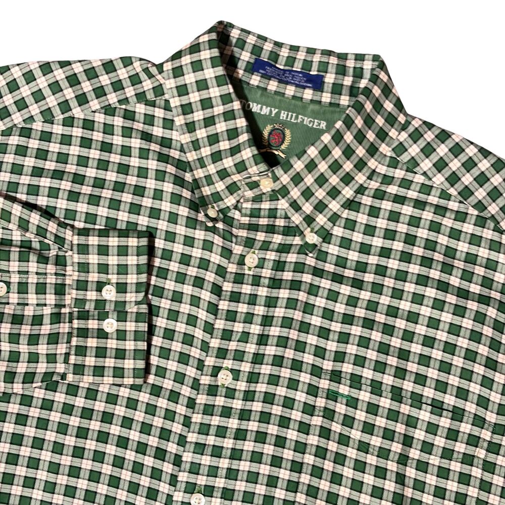 Vintage Tommy Hilfiger Shirt Mens XL Green Plaid Long Sleeve Button Down 90s
